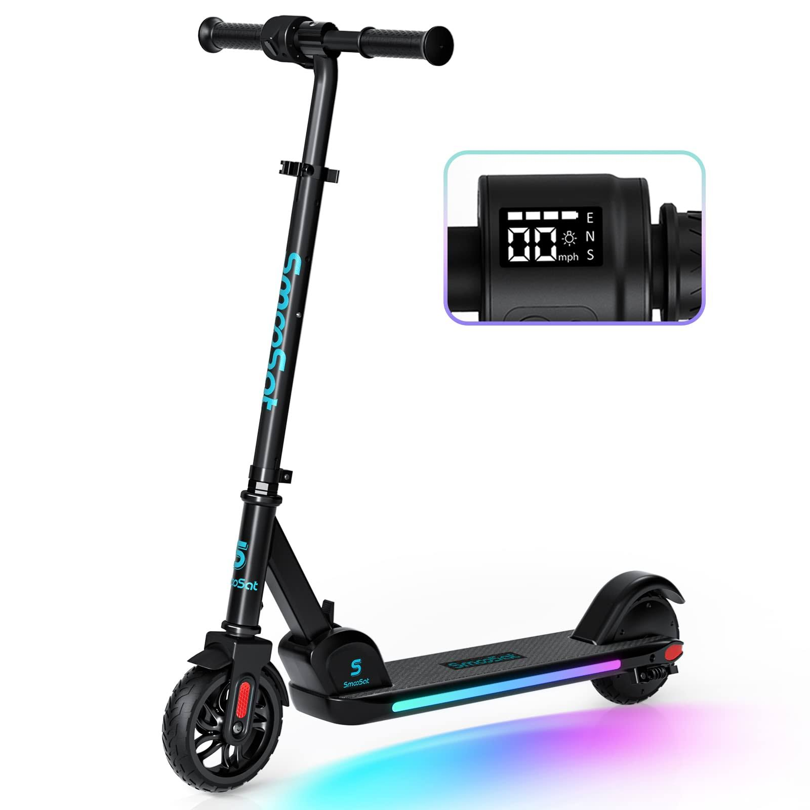 SmooSat E9 Pro Electric Scooter for Kids, Colorful Rainbow Lights, LED Display, Adjustable Speed and Height, Foldable and Lightweight Electric