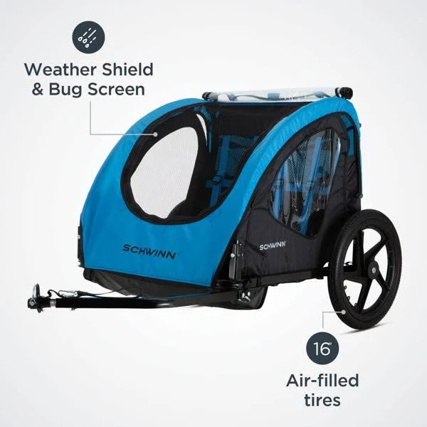 Schwinn Shuttle Foldable Bike Trailer, 2 Passengers, Blue / Black